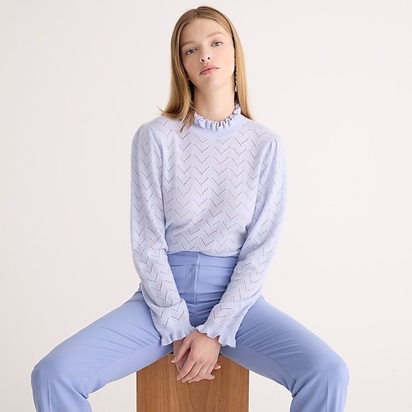 ❌SOLD❌NWT Jcrew Cashmere pointelle mockneck ruffle sweater - Midnight Burgundy - Picture 2 of 9